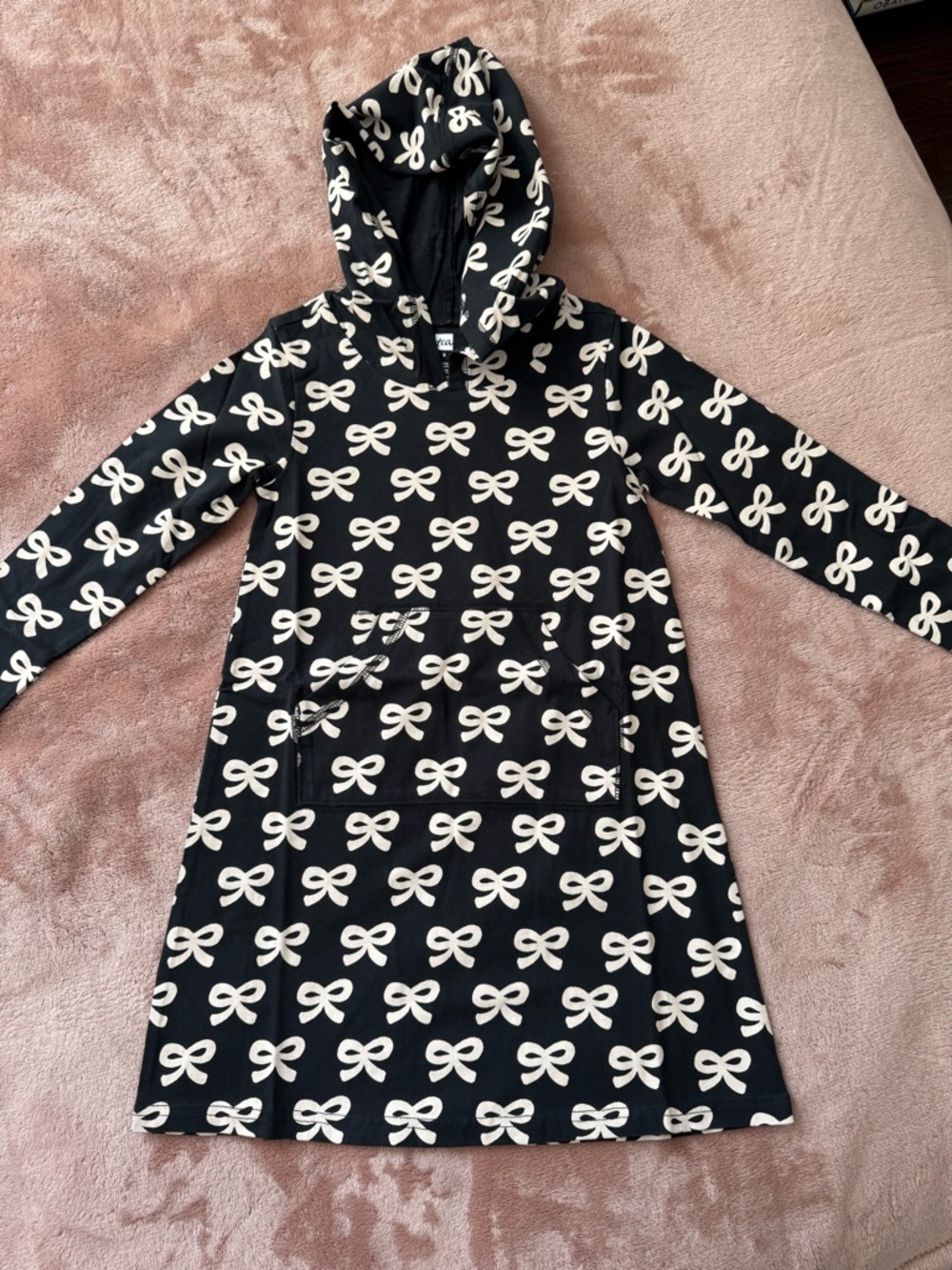 NWT Tea Collection 100% Cotton Hooded Pocket Dress, Black Bow Print, Size 5